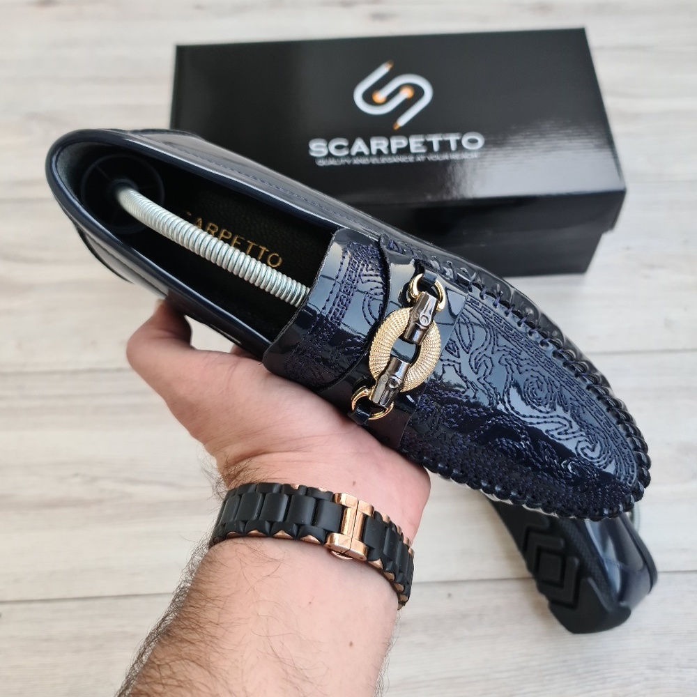 Men's Embroidered Patent Leather Loafers in Navy